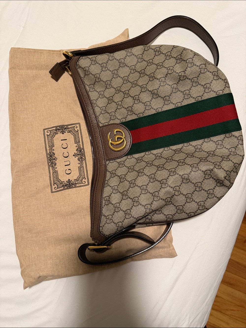 Gucci Brown GG Canvas Messenger Bag with Green-Red Web